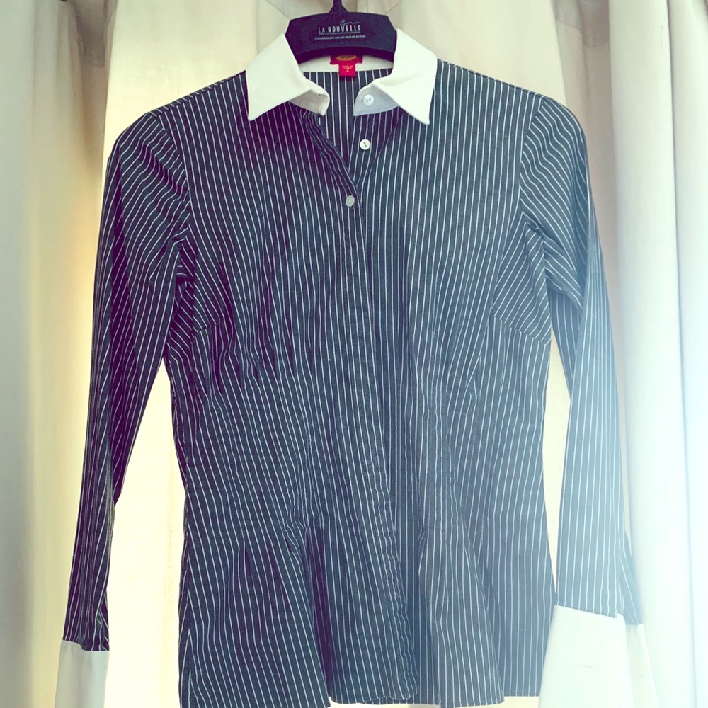 Grey/white button down French cuff shirt.
